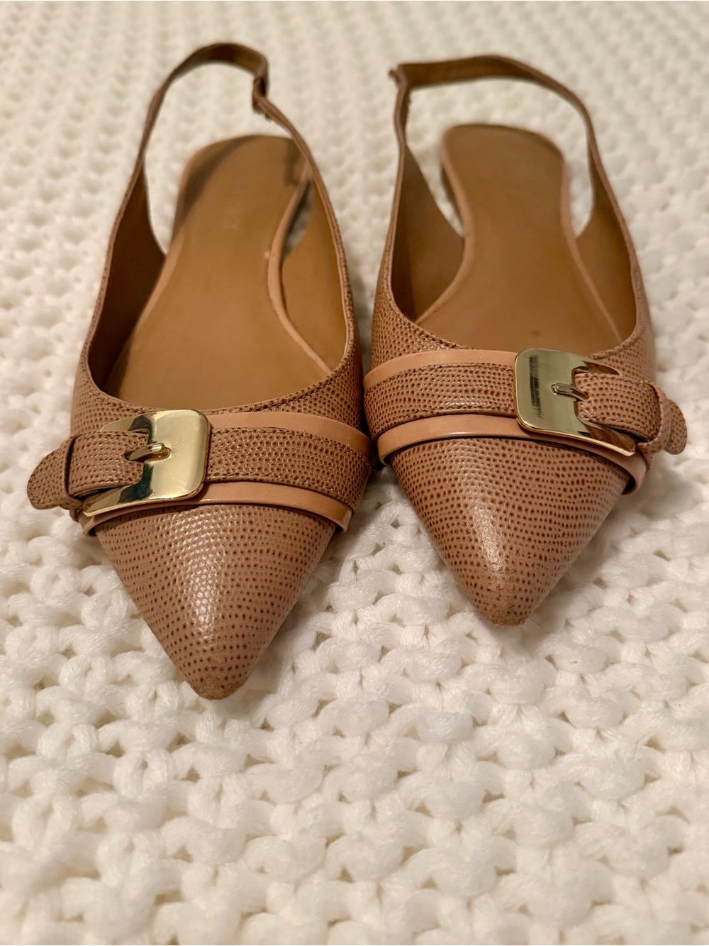 Nine West Women's Pointed Toe Slingback Flats in Tan with Gold Buckle